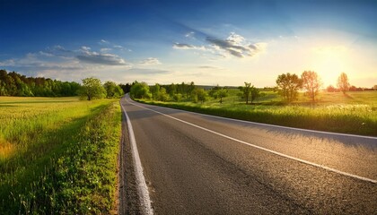 Obraz premium asphalt road panorama in countryside on sunny spring evening