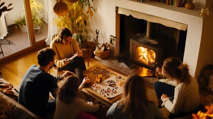 Family gathers around a fireplace to work on a puzzle during the holidays.