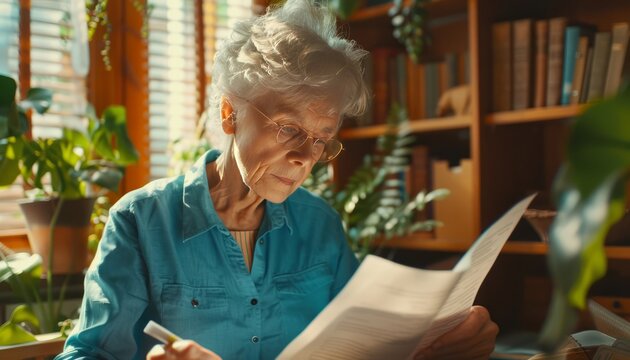 Elderly woman reading a newspaper in a sunlit room, symbolizing wisdom, lifelong learning, and the importance of staying informed and engaged with the world at any age.