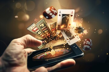 A hand is holding a cell phone that is displaying a casino game. The game includes a deck of cards, a roulette wheel, and a slot machine
