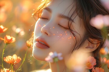 Fototapeta premium A woman with her eyes closed is surrounded by a field of flowers in a soft golden light.