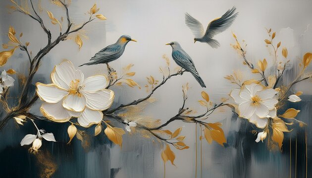 Background with abstract illustrations. Vintage illustration, flowers, branches, birds, golden brushstrokes. Textured background. Oil on canvas. Modern Art. gray, wallpaper, poster, card, mural