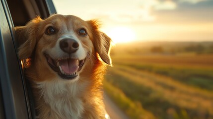 Happy dog enjoying a car ride, head out of the window, countryside view