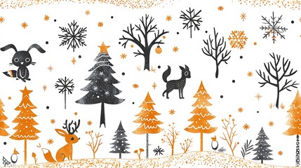 A serene winter forest in a seamless pattern, with tall pine trees dusted with snow and woodland creatures like foxes and rabbits. The background includes twinkling snowflakes and a calm winter sky,