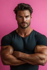 Fototapeta premium Muscular man posing confidently against a pink backdrop, showing strength