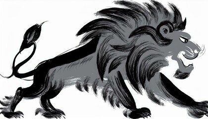 Black and gray Chinese brush stroke calligraphy drawing inking of a lion