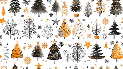 A variety of Christmas trees, each uniquely decorated with lights, stars, and garlands, in a seamless pattern.