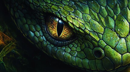 Obraz premium A vivid close-up of a vibrant green serpent, showcasing its intricate scales and piercing gaze, capturing the essence of its potential danger. 