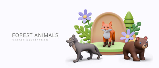 Vector scene with forest animals. 3D fox, bear, wolf, plants. Cute vector outdoor composition