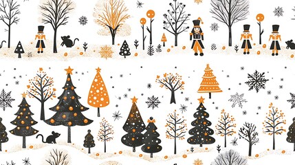 A whimsical Nutcracker Ballet scene in a seamless pattern, featuring Nutcracker soldiers, ballerinas, and mice in an enchanting dance.