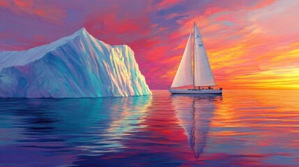 Iceberg and white sailboat floating side by side, against a stunning sunset sky, vibrant colors reflected on the water.