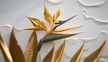 Bright white stucco surrounds a golden bird of paradise flower with golden leaves and buds.