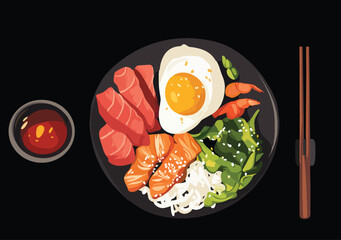 Japanese Food Bowl with Egg and Fish on Black Background Flat Vector