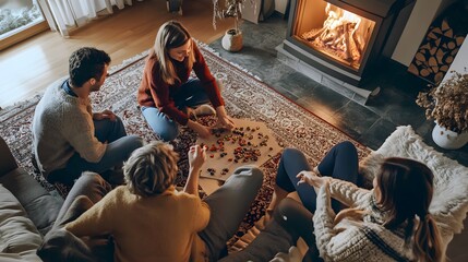 Friends gather around a fireplace, enjoying a game night with a puzzle.