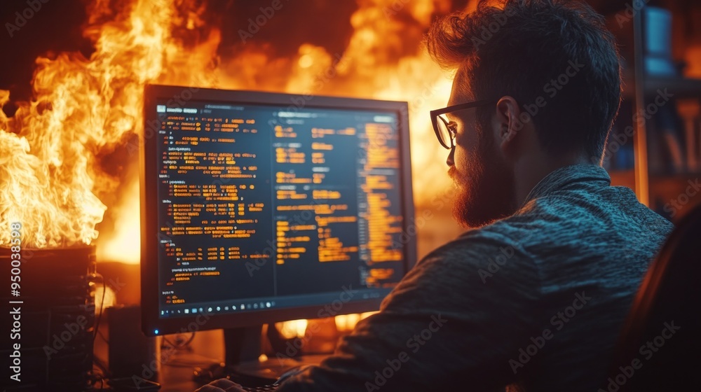 Poster A man is sitting in front of a computer monitor with a fire on the screen
