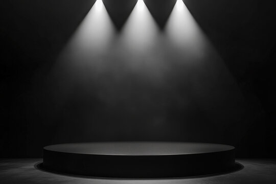Three spotlights illuminating a round black stage with smoke in the dark
