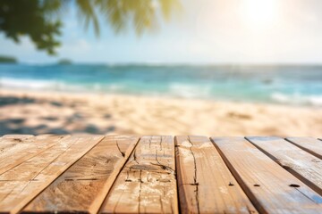 Fototapeta premium A wooden table with a view of the ocean