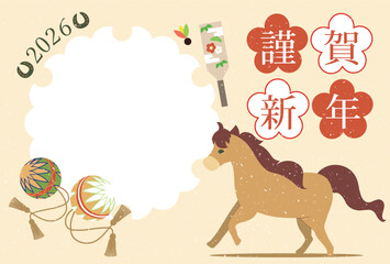 2026年の午年の馬をモチーフにしたフォトフレームイラストの年賀状はがき素材 和風