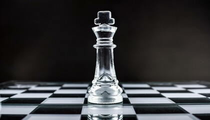 Crystal Clear Strategy A glass chess king stands tall and dominant on a black and white board, a symbol of strategy, leadership, and tactical brilliance. Blurred background