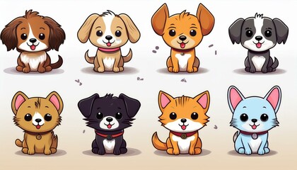 Obraz premium Cute Cartoon Dog and Cat Illustration Pack A cheerful collection of eight adorable cartoon dogs and cats, each with unique personalities and adorable details.