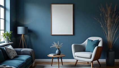  wall with lank frame poster mockup. Scandinavian boho home interior design of modern living room generative AI