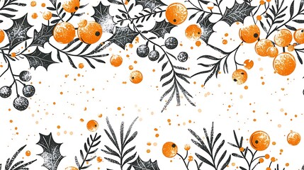 Obraz premium Mistletoe sprigs, holly leaves, and bright berries arranged in a seamless pattern. The background includes soft sparkles and falling snow, creating a joyful and festive holiday vibe, hd quality,