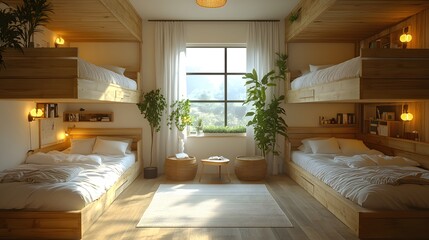 Cozy hostel interior featuring wooden bunk beds with white bedding, illuminated by natural sunlight from a nearby window.