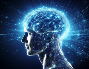 Obraz premium Digital Mind A futuristic, abstract digital illustration of a human brain, represented by glowing lines and particles, symbolizing the power of artificial intelligence