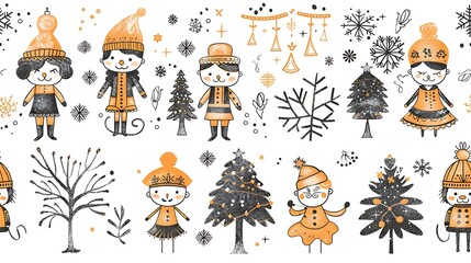 Naklejka premium Seamless pattern of Nutcracker soldiers, ballerinas, and mice in a whimsical dance, set against a festive stage backdrop with twinkling lights and snowflakes.