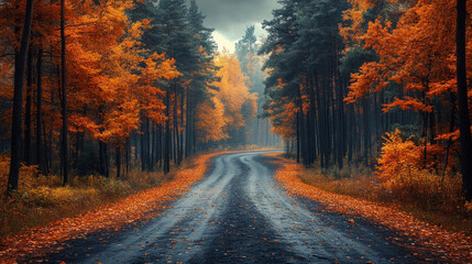 Autumn roads through pine forests, with leaves changing color and a carpet of fallen needles.