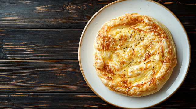 Traditional georgian khachapuri megruli freshly baked and served on a rustic dark wooden background