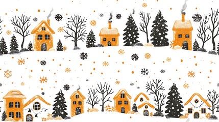 Tiny snow-covered houses with cozy chimneys and pine trees arranged in a seamless pattern, set in a snowy village. The background includes delicate snowflakes and a twilight winter sky, hd quality,