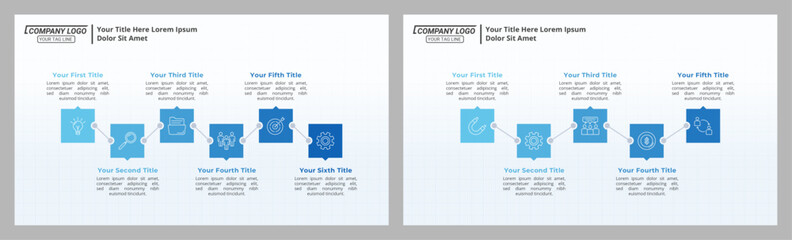 5 & 6 Steps Horizontal Infographic Timeline with Editable Text on a 16:9 Layout for Business Presentations, Management, and Evaluation.