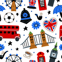 Bright cheerful children seamless vector pattern with symbols of the Great Britain. London. Union Jack, Big Ben, London Bridge, bus. United Kingdom landmarks. Childish travel background