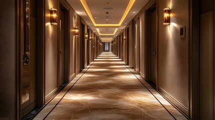 Fototapeta premium Wide corridor with luxurious brown details, plush carpet, and soft diffused lighting creating a warm and refined environment.