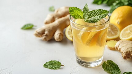 Fototapeta premium Lemon ginger tea in a glass, garnished with mint, surrounded by fresh ingredients on a white background, representing wellness and vitality.
