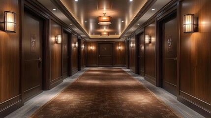 Naklejka premium Expansive hall featuring rich brown tones, plush carpet, and diffused lighting, designed to enhance a comfortable and elegant space.