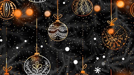 Whimsical Christmas baubles with intricate designs, hanging from curly ribbons in a seamless pattern. The background features softly glowing lights and delicate snowflakes,