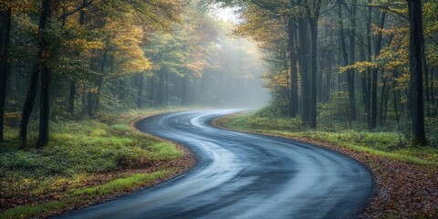 Fototapeta premium A misty forest road winding through dense trees, creating an eerie and mysterious atmosphere in the fog-covered landscape.