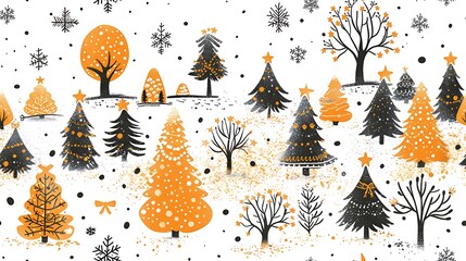 Whimsical Christmas trees decorated with lights, stars, and garlands, arranged in a seamless pattern. The background has a festive holiday vibe with softly falling snow and a warm winter glow,