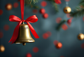 Gold bell with a red ribbon hanging from a branch, representing festive holiday decorations and the cheerful spirit of Christmas