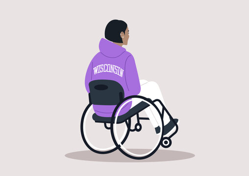 A young individual in a vibrant purple hoodie sits comfortably in a wheelchair, embodying resilience and style, lost in thought against a simple, calming background