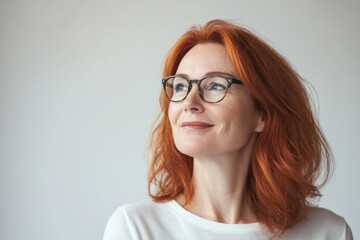 A confident middle-aged woman with red hair and glasses smiles warmly, embracing her age and beauty with elegance.