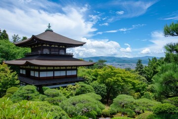 Fototapeta premium A large building with a green roof sits in a lush green garden. The building is surrounded by trees and bushes, and the sky is clear and blue. Concept of tranquility and serenity