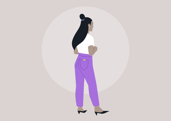 A fashionable woman with long hair stands gracefully, her arms folded, radiating confidence while showcasing her trendy outfit in a minimalist setting