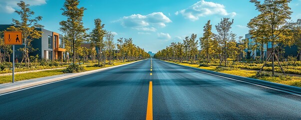 Newly paved asphalt road through a bustling urban area, lined with fresh road signs and clean sidewalks, Asphalt Road, Modern infrastructure