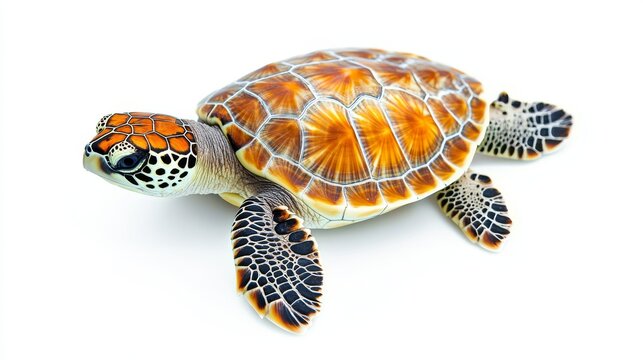 A turtle swimming underwater in a river, its patterned shell standing out against light