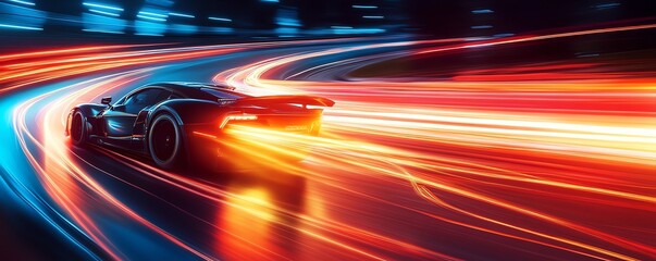 Nighttime race on a brightly lit track, with cars creating trails of light as they zoom past, Race Track, Dynamic night racing