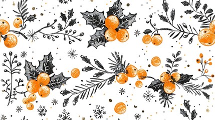 Obraz premium Whimsical mistletoe and holly leaves with bright berries, arranged in a seamless pattern. The background includes soft snowflakes and gentle sparkles, creating a warm and inviting holiday scene,