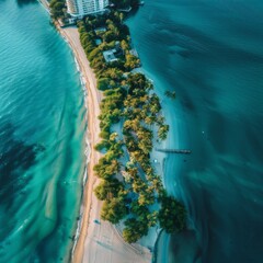 Fototapeta premium A beautiful beach with palm trees and a blue ocean. The beach is lined with houses and a pier. The sky is clear and the sun is shining brightly. Scene is peaceful and relaxing